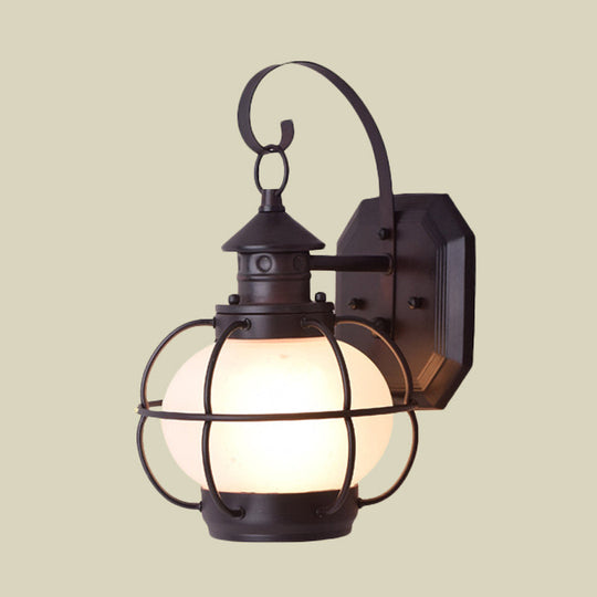 Retro Coffee/Bronze Lantern Wall Light With Wire Cage - Outdoor 1 Head Lighting In White/Clear Glass