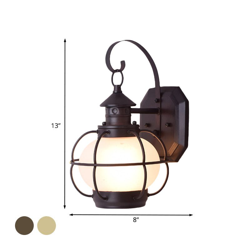 Retro Coffee/Bronze Lantern Wall Light With Wire Cage - Outdoor 1 Head Lighting In White/Clear Glass