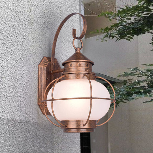 Retro Coffee/Bronze Lantern Wall Light With Wire Cage - Outdoor 1 Head Lighting In White/Clear Glass