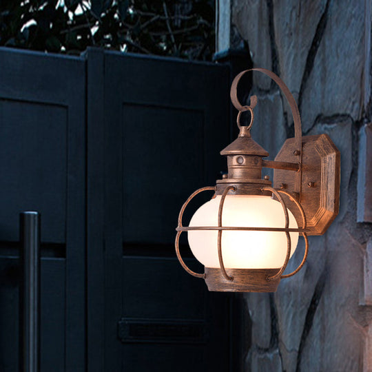 Retro Coffee/Bronze Lantern Wall Light With Wire Cage - Outdoor 1 Head Lighting In White/Clear Glass