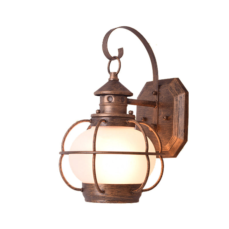 Retro Coffee/Bronze Lantern Wall Light With Wire Cage - Outdoor 1 Head Lighting In White/Clear Glass