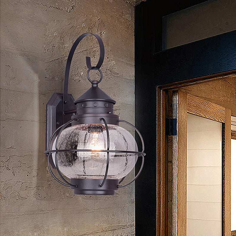 Retro Coffee/Bronze Lantern Wall Light With Wire Cage - Outdoor 1 Head Lighting In White/Clear Glass