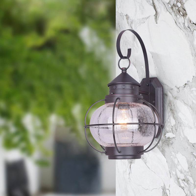 Retro Coffee/Bronze Lantern Wall Light With Wire Cage - Outdoor 1 Head Lighting In White/Clear Glass