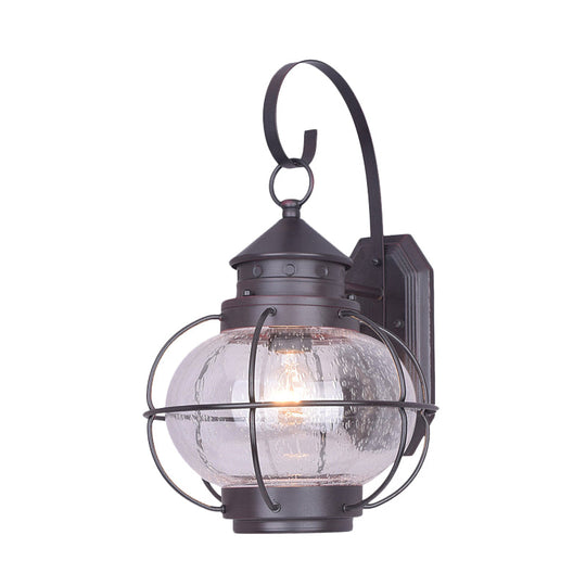 Retro Coffee/Bronze Lantern Wall Light With Wire Cage - Outdoor 1 Head Lighting In White/Clear Glass