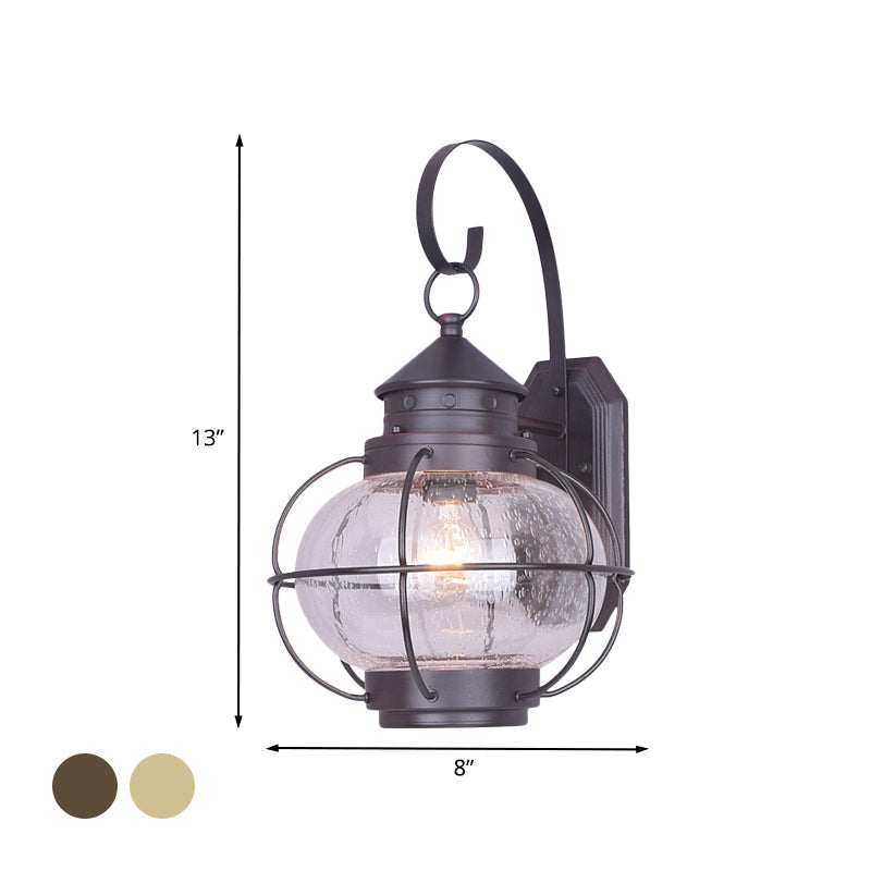 Retro Coffee/Bronze Lantern Wall Light With Wire Cage - Outdoor 1 Head Lighting In White/Clear Glass