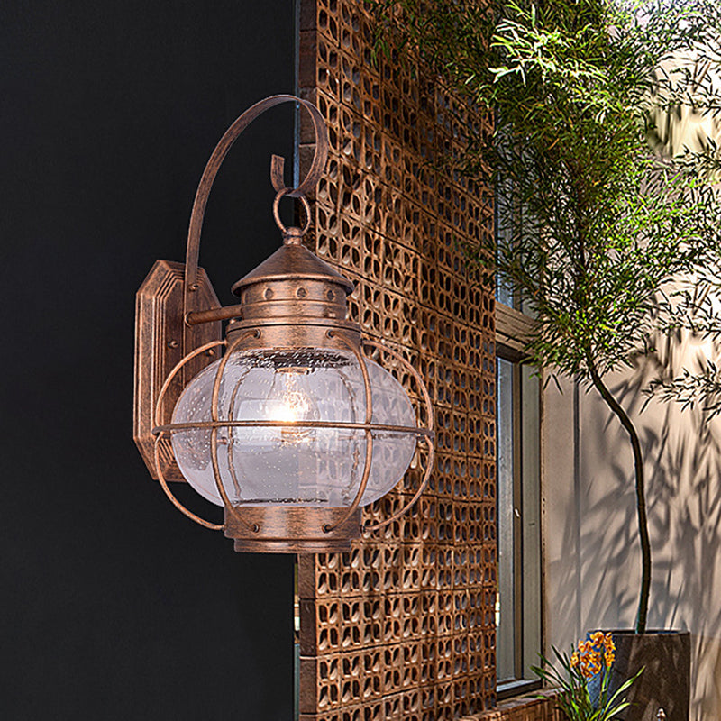 Retro Coffee/Bronze Lantern Wall Light With Wire Cage - Outdoor 1 Head Lighting In White/Clear Glass