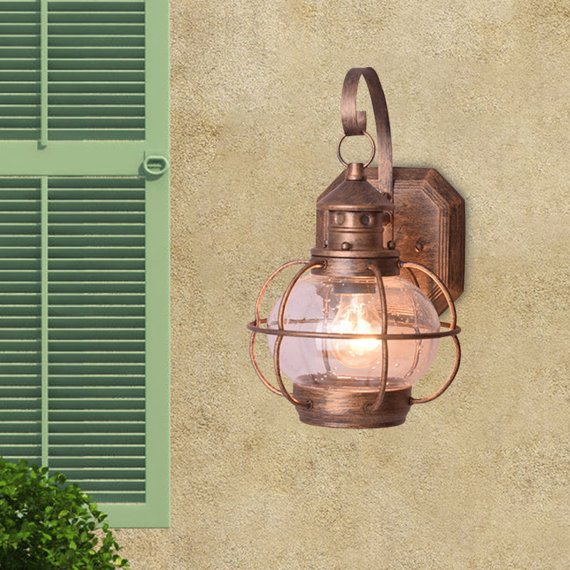 Retro Coffee/Bronze Lantern Wall Light With Wire Cage - Outdoor 1 Head Lighting In White/Clear Glass