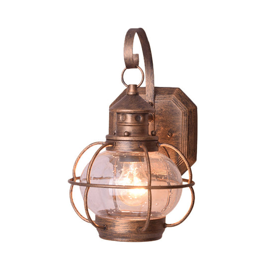 Retro Coffee/Bronze Lantern Wall Light With Wire Cage - Outdoor 1 Head Lighting In White/Clear Glass