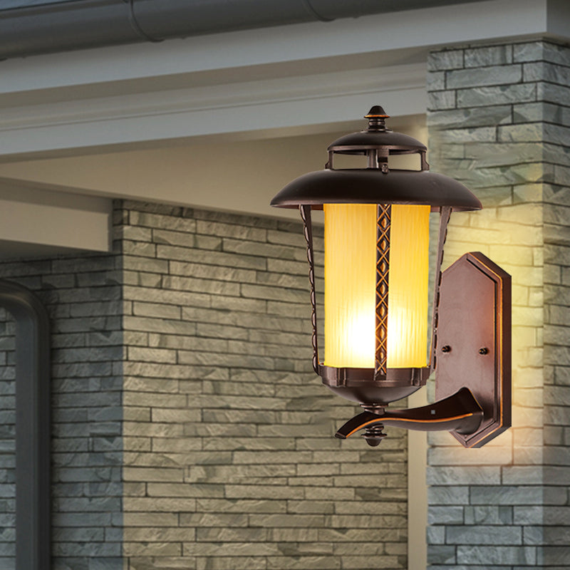 Rustic Lantern Wall Sconce Lamp - Opal Frosted Glass Lighting Fixture In Dark Coffee