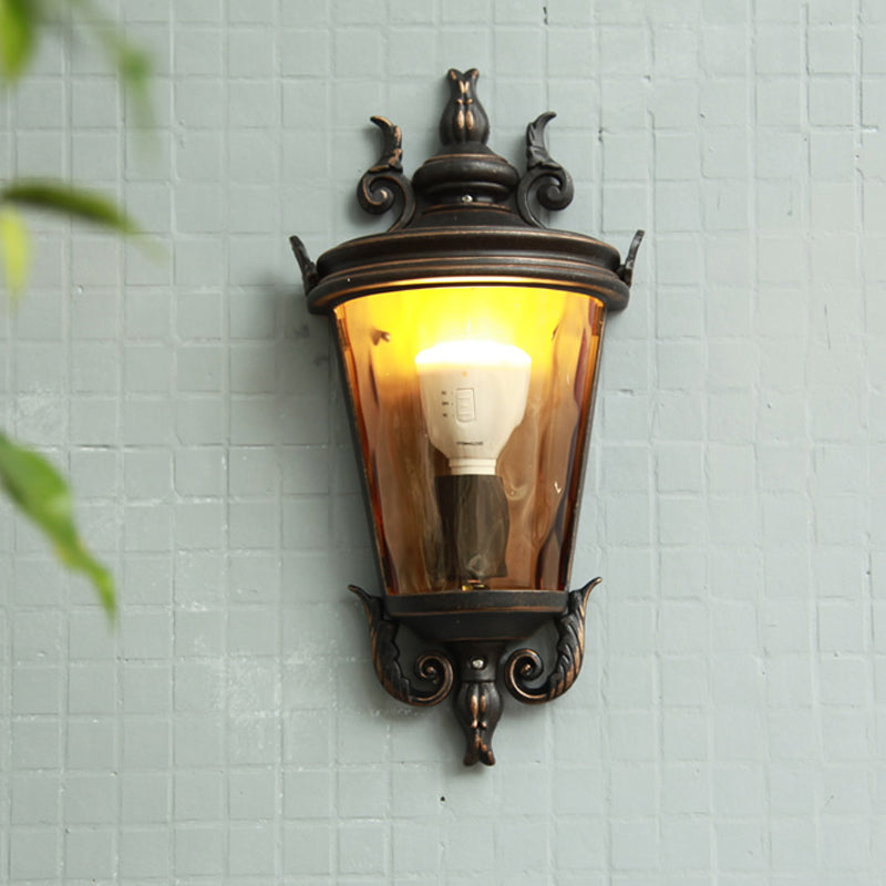 Amber Glass Country Lantern Sconce In Brown And Black: 1-Light Wall Lighting Brown-Black