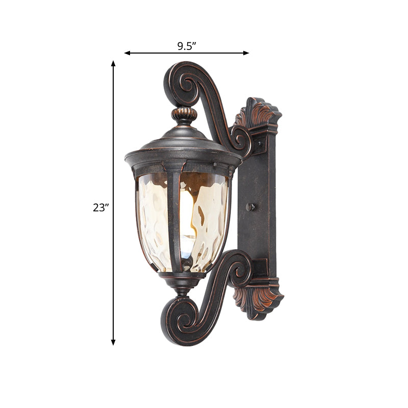 Traditional Amber Water Glass Sconce With Brown-Black Urn Shade - Elegant Wall Lighting