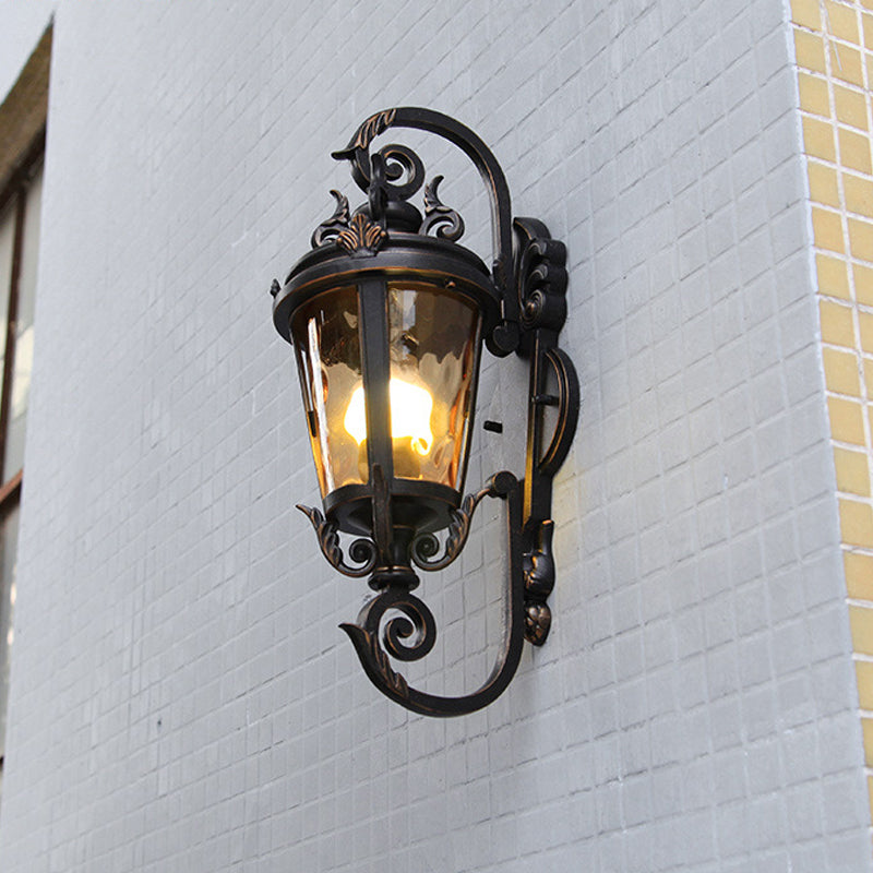 Cottage Style Wall Mount Sconce Lamp With Amber Glass Shade Black