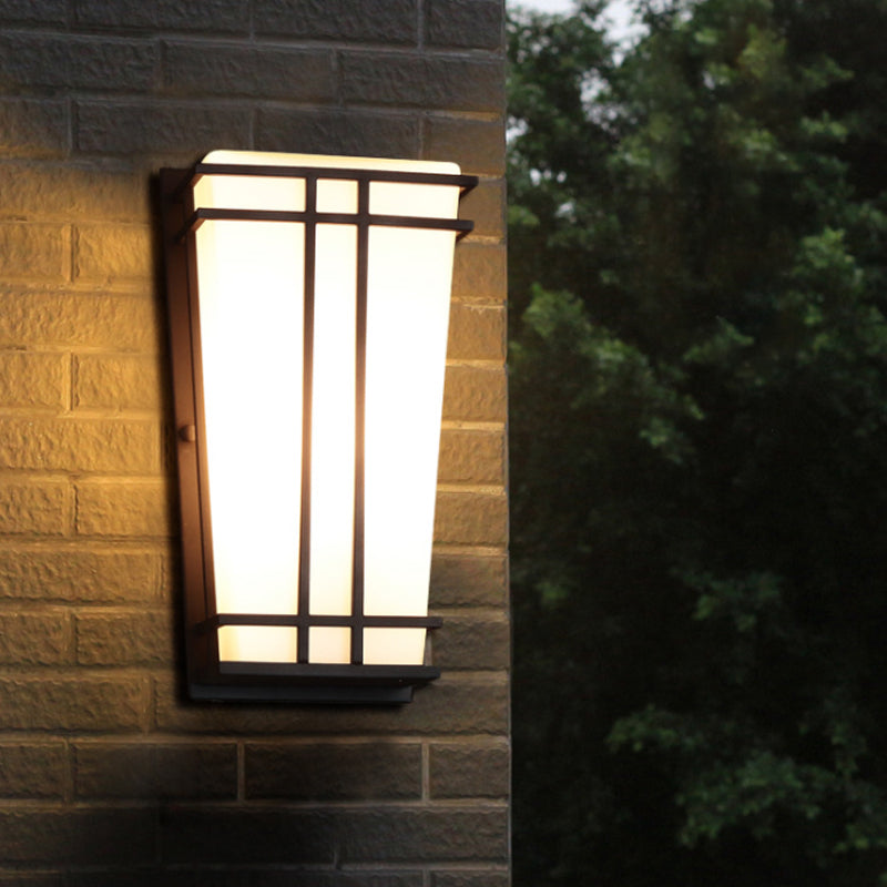 Rustic White Glass Trapezoid Wall Light: Flush Mount For Patio Textured Black Finish