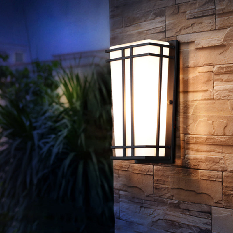 Rustic White Glass Trapezoid Wall Light: Flush Mount For Patio Textured Black Finish