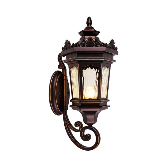 Vintage Country Lantern Wall Light With Clear Water Glass & Scrolled Arm - Dark Coffee Finish