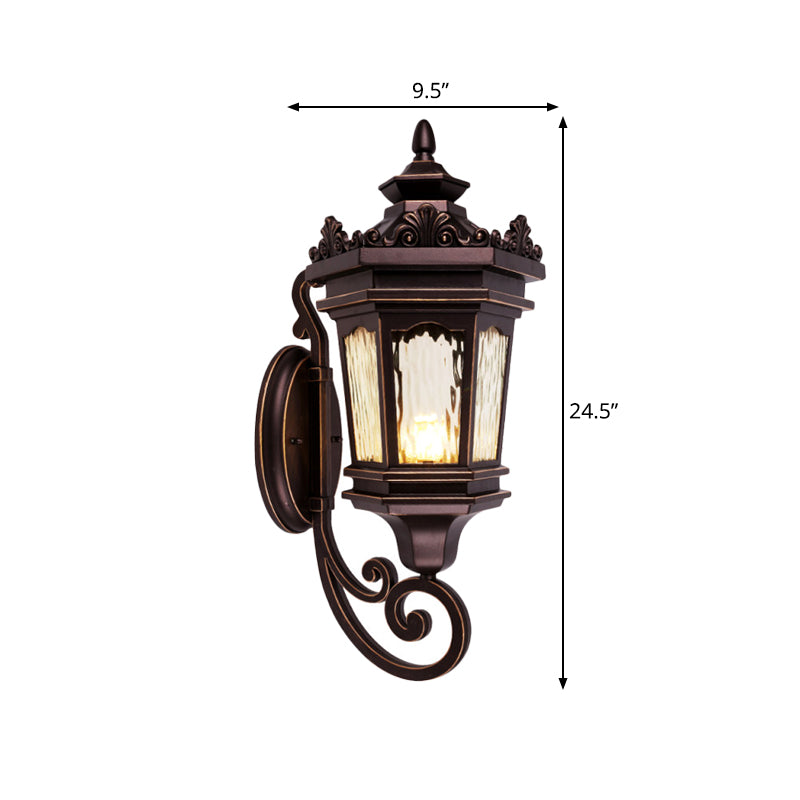 Vintage Country Lantern Wall Light With Clear Water Glass & Scrolled Arm - Dark Coffee Finish