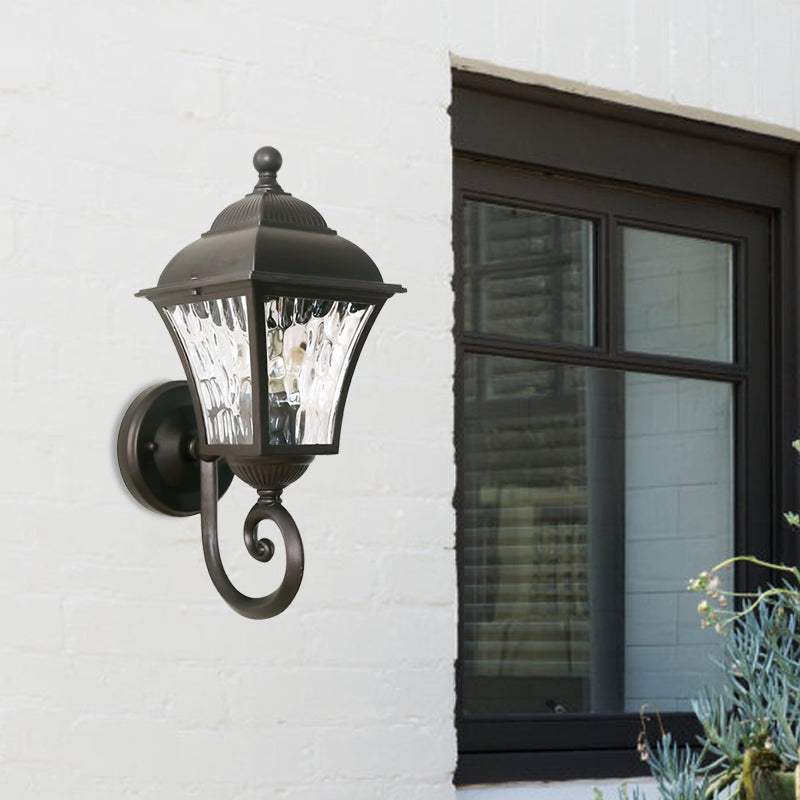 1-Bulb Cottage Yard Sconce Light With Lantern Glass Shade In Dark Coffee