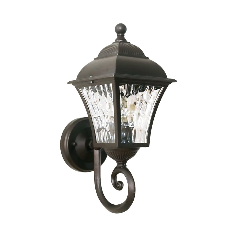 1-Bulb Cottage Yard Sconce Light With Lantern Glass Shade In Dark Coffee