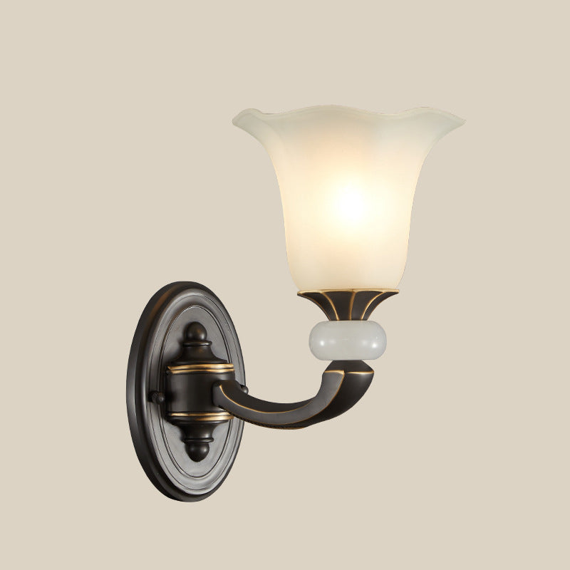 Antiqued Flower Wall Light Fixture - Black And Gold Frosted Glass Mounted Lamp