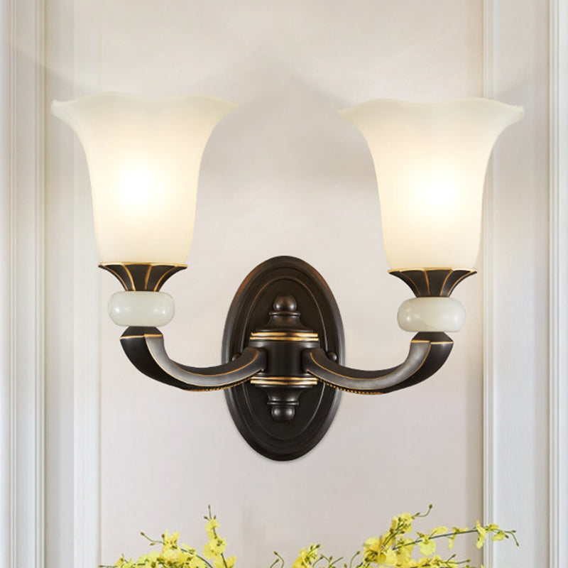 Antiqued Flower Wall Light Fixture - Black And Gold Frosted Glass Mounted Lamp 2 / Black-Gold