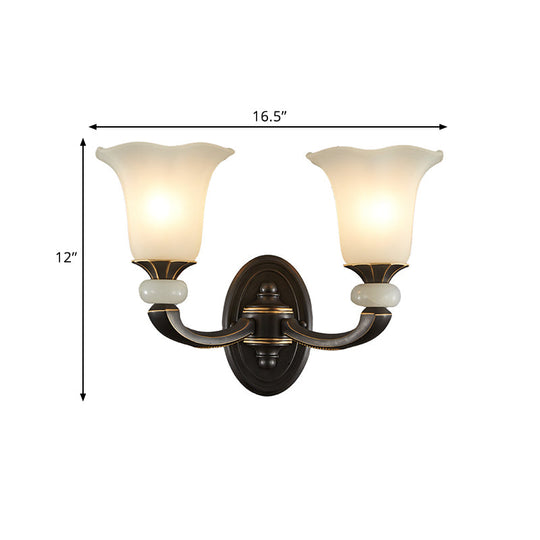 Antiqued Flower Wall Light Fixture - Black And Gold Frosted Glass Mounted Lamp