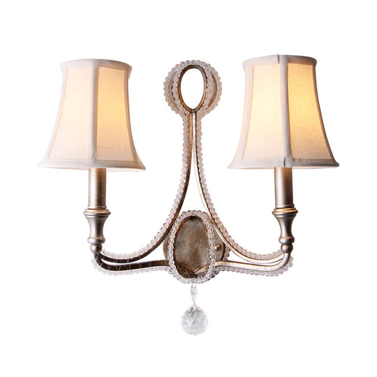 Rustic Paneled Wall Light Fixture In Beige/Aged Silver With Crystal Droplet For Half-Bulb Lighting