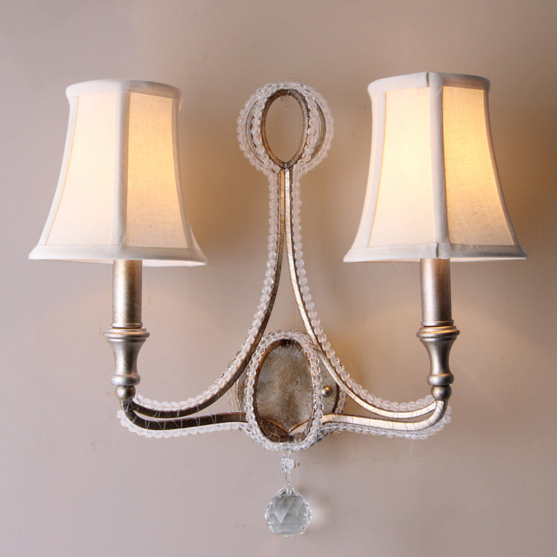 Rustic Paneled Wall Light Fixture In Beige/Aged Silver With Crystal Droplet For Half-Bulb Lighting