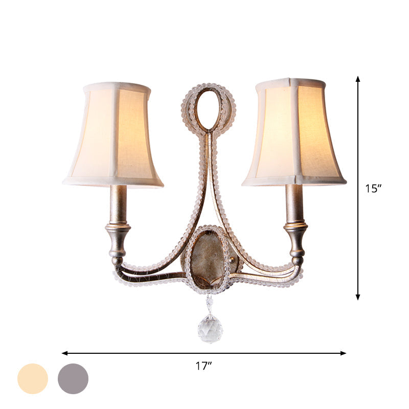 Rustic Paneled Wall Light Fixture In Beige/Aged Silver With Crystal Droplet For Half-Bulb Lighting