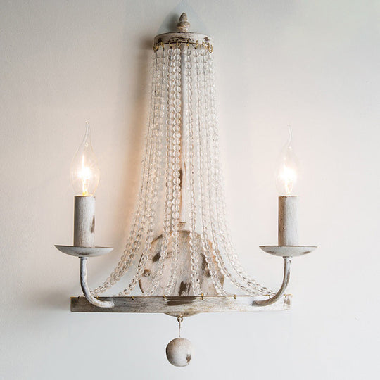 Crystal Strand Wall Sconce Lamp: Countryside 2-Light Bedroom Lighting In White Candle Design