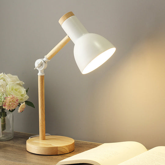 Macaron Dome Table Lamp: Metal Reading Light For Study Room With Rotatable Wood Arm -