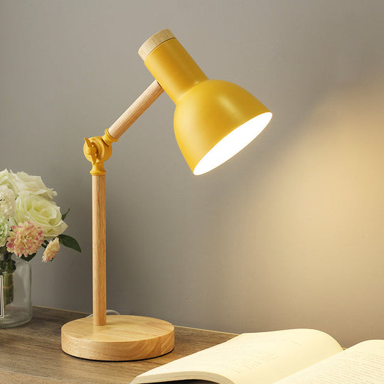 Macaron Dome Table Lamp: Metal Reading Light For Study Room With Rotatable Wood Arm -