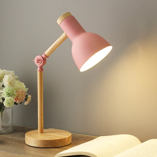 Macaron Dome Table Lamp: Metal Reading Light For Study Room With Rotatable Wood Arm -