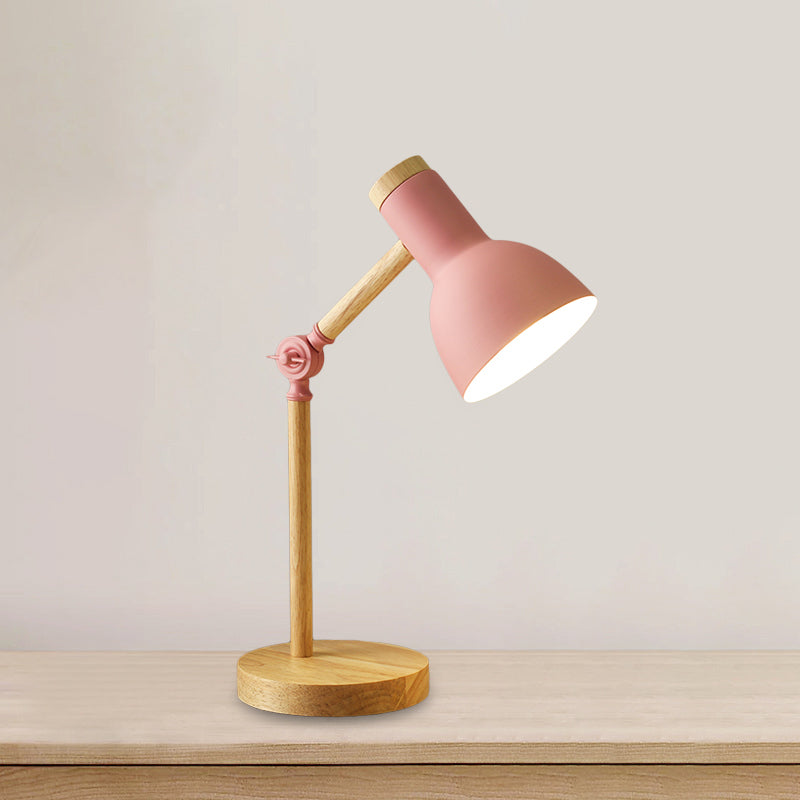 Macaron Dome Table Lamp: Metal Reading Light For Study Room With Rotatable Wood Arm -