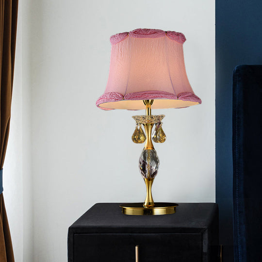 Layla - Pink Bell Fabric Night Table Lamp Simple 1 Light Bedroom Nightstand Light in Pink with Crystal Urn Base