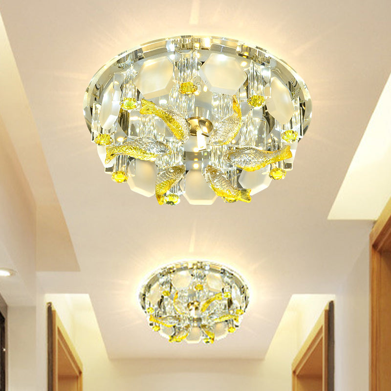 Yellow Fish Small LED Crystal Flushmount Lamp - Modern Corridor Ceiling Light, 7"/9.5" Wide