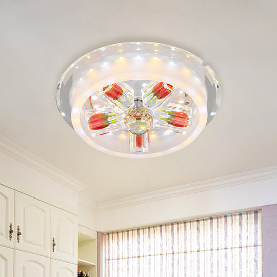 Modern Red Rose Cake LED Flush Mount Light with Crystal Shade - Frosted Glass Ceiling Fixture for Living Room