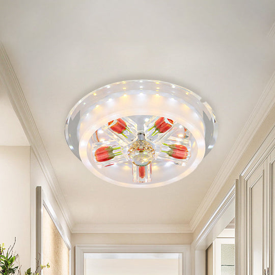 Modern Red Rose Cake Led Flush Mount Light With Crystal Shade - Frosted Glass Ceiling Fixture For