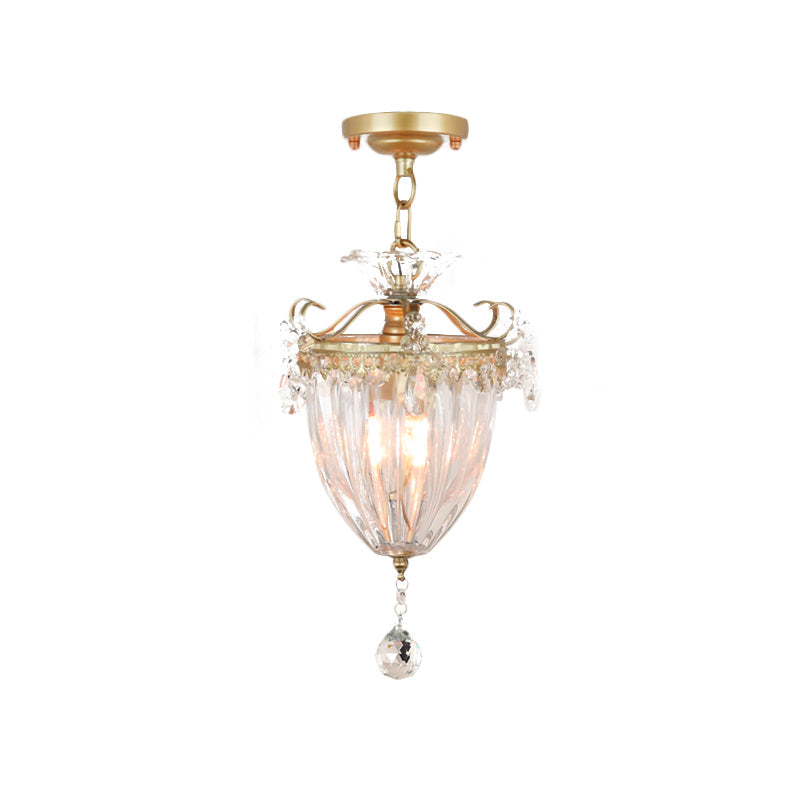 1-Bulb Semi Flush Gold Ceiling Light with Traditional Ribbed Crystal Bell Design