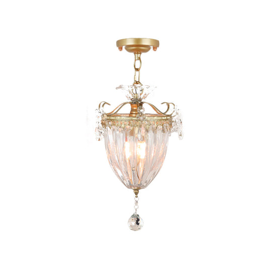 1-Bulb Semi Flush Gold Ceiling Light with Traditional Ribbed Crystal Bell Design