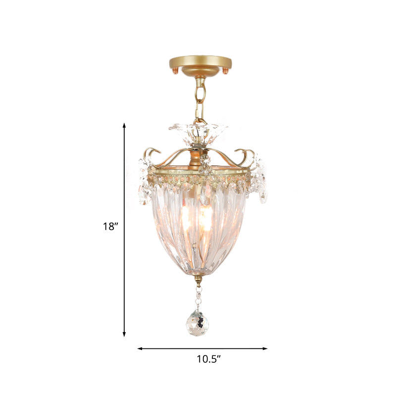 1-Bulb Semi Flush Gold Ceiling Light with Traditional Ribbed Crystal Bell Design