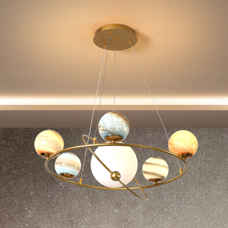 Stained Glass Solar System Ceiling Pendant Light For Kids Bedroom - Gold Chandelier Lighting