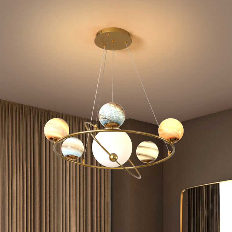 Stained Glass Solar System Ceiling Pendant Light For Kids Bedroom - Gold Chandelier Lighting