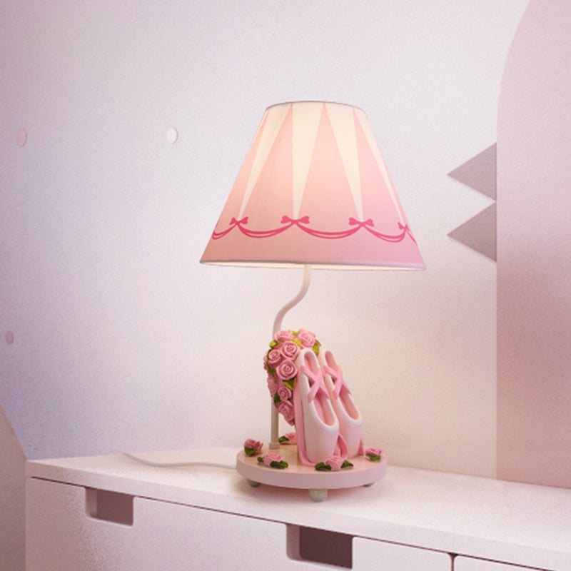 Girls Ballet Shoes Bedside Lamp - Pink Resin Table Light With Cone Shade