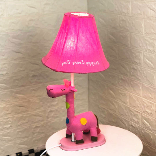 Addison - Giraffe Flared Script-Print Fabric Table Lighting Kids Single-Bulb Yellow/Blue/Pink Night Lamp with Giraffe Base