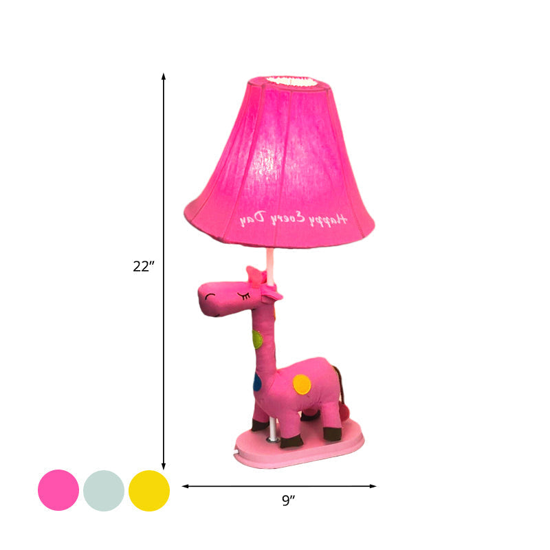 Addison - Giraffe Flared Script-Print Fabric Table Lighting Kids Single-Bulb Yellow/Blue/Pink Night Lamp with Giraffe Base