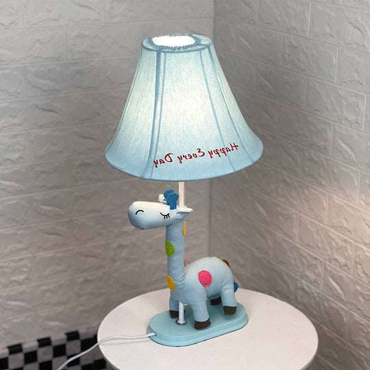 Addison - Giraffe Flared Script-Print Fabric Table Lighting Kids Single-Bulb Yellow/Blue/Pink Night Lamp with Giraffe Base