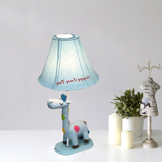 Addison - Giraffe Flared Script-Print Fabric Table Lighting Kids Single-Bulb Yellow/Blue/Pink Night Lamp with Giraffe Base