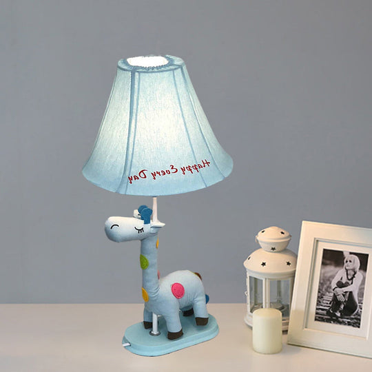 Addison - Giraffe Flared Script-Print Fabric Table Lighting Kids Single-Bulb Yellow/Blue/Pink Night Lamp with Giraffe Base