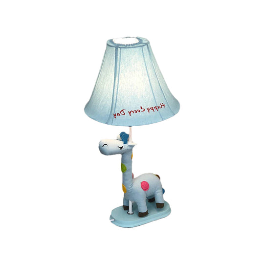 Addison - Giraffe Flared Script-Print Fabric Table Lighting Kids Single-Bulb Yellow/Blue/Pink Night Lamp with Giraffe Base