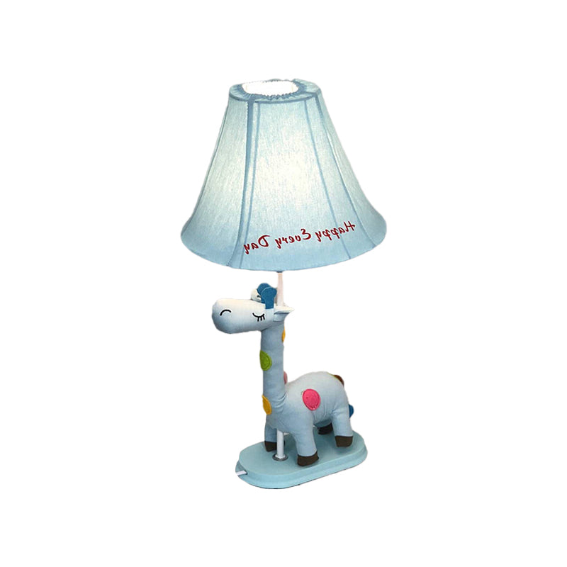 Flared Script-Print Fabric Table Night Lamp For Kids With Giraffe Base - Single-Bulb